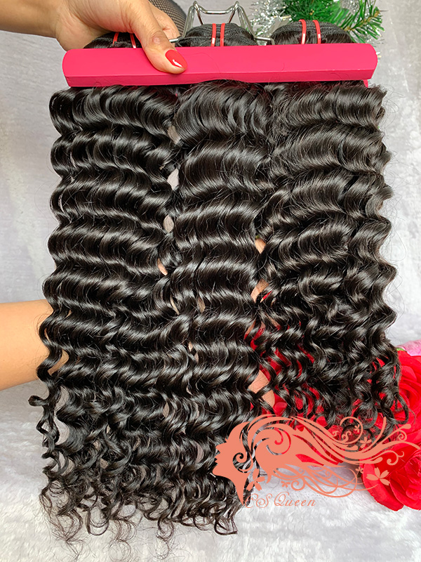 Csqueen 9A Deep Wave 4 Bundles Natural Black Color 100% Human Hair